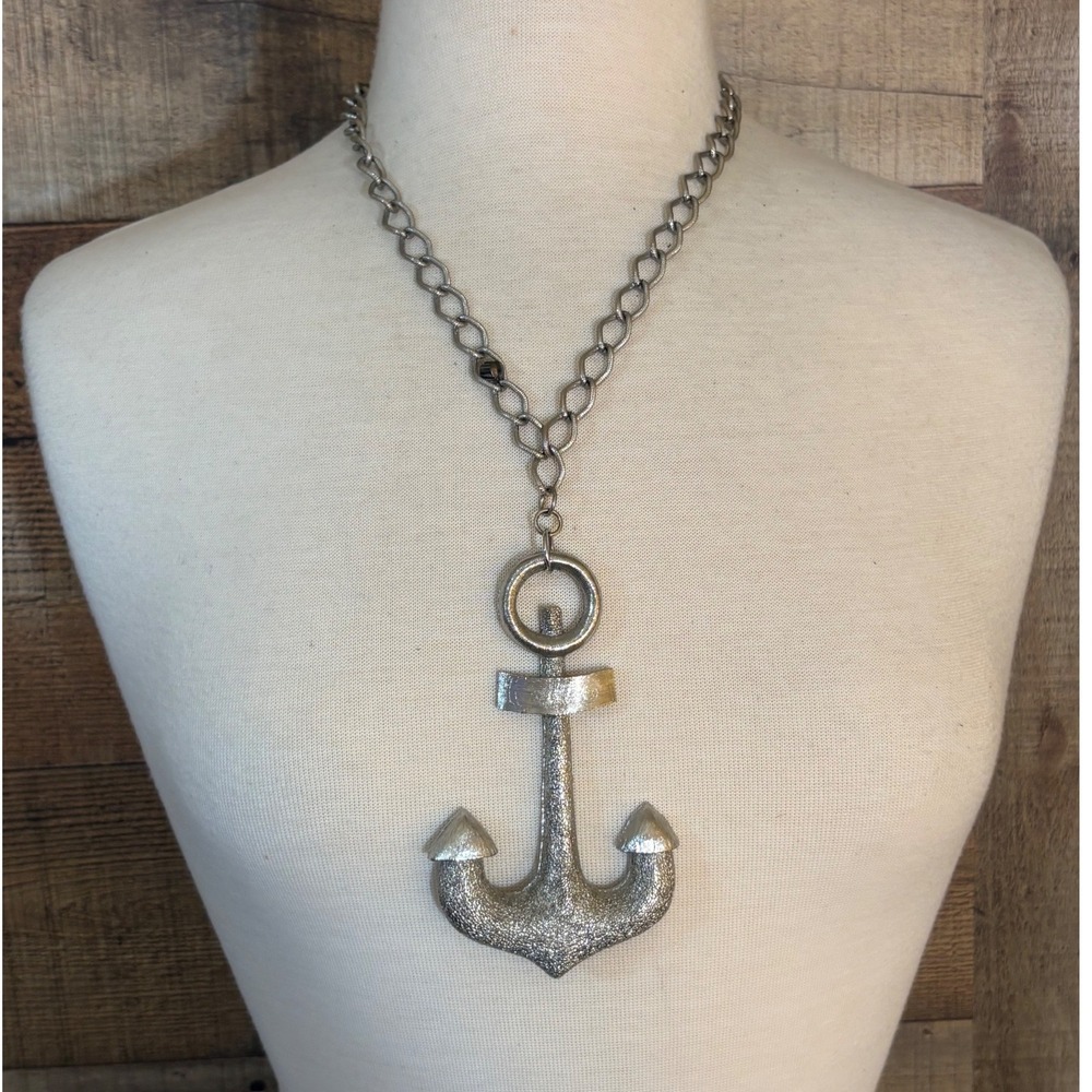 Vintage Style Oversized Textured Anchor Pendant Necklace Silver Tone Nautical